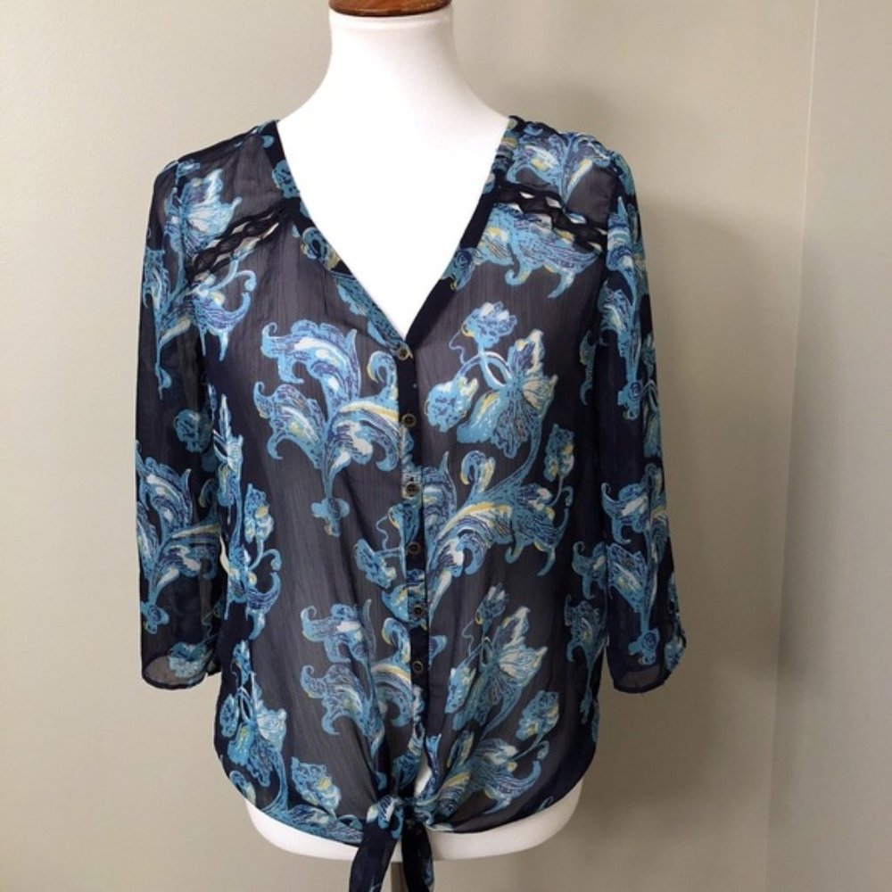 Lucky Brand Sheer Button Down Blouse Tie Front